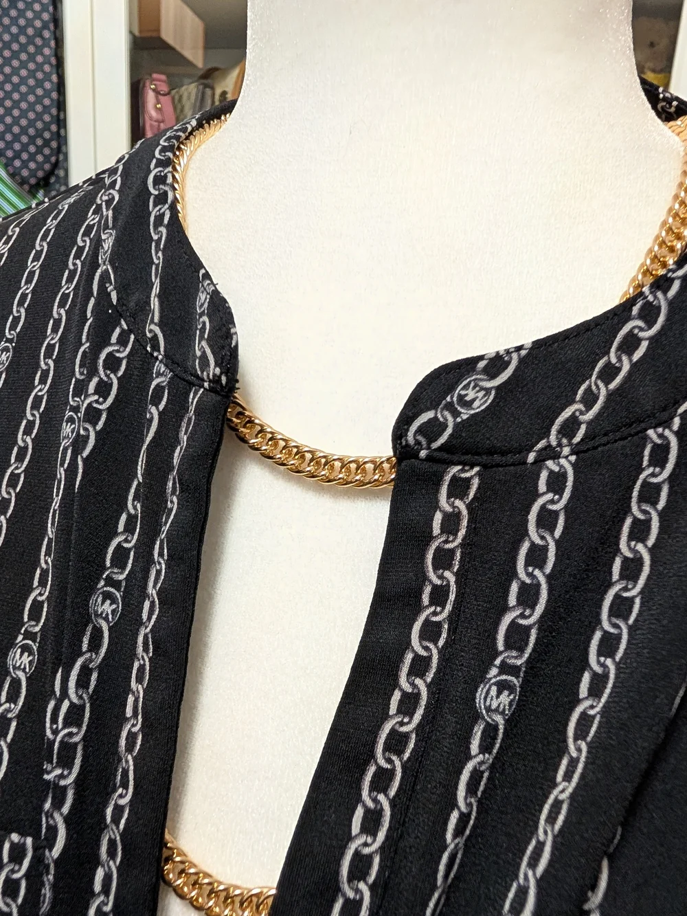 Michael Kors Black Chain-Print Long Sleeve Zip-Neck Top